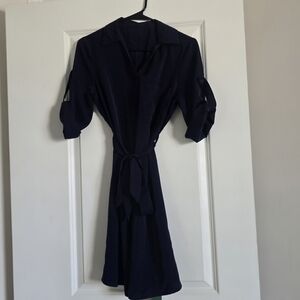 HALARA Roll Up Sleeve Belted Relaxed Work Shirt Dress Navy Blue